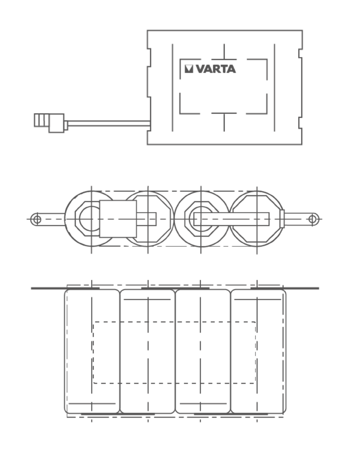 Technical drawing of VARTA battery pack with four cells, connector cable, shown in three views: top, side, and front