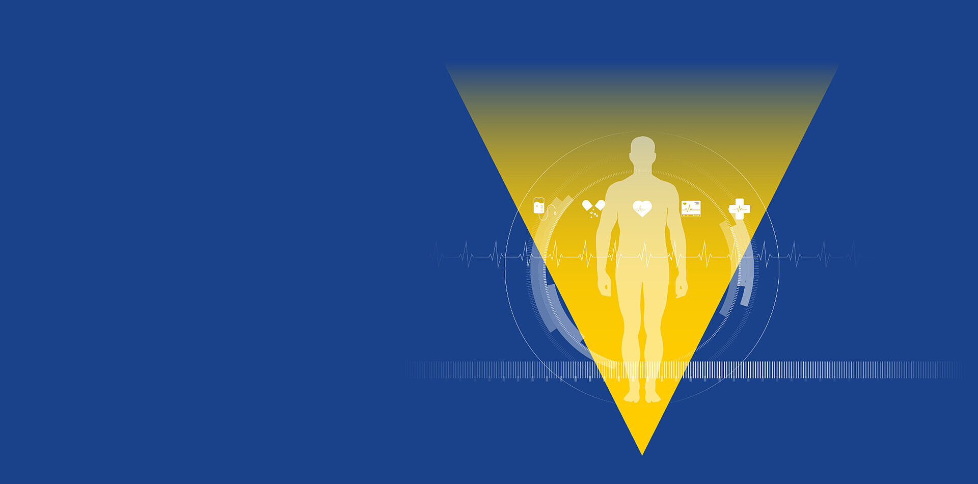 Silhouette of a human figure in a yellow triangle with medical icons, heartbeat line, on blue background