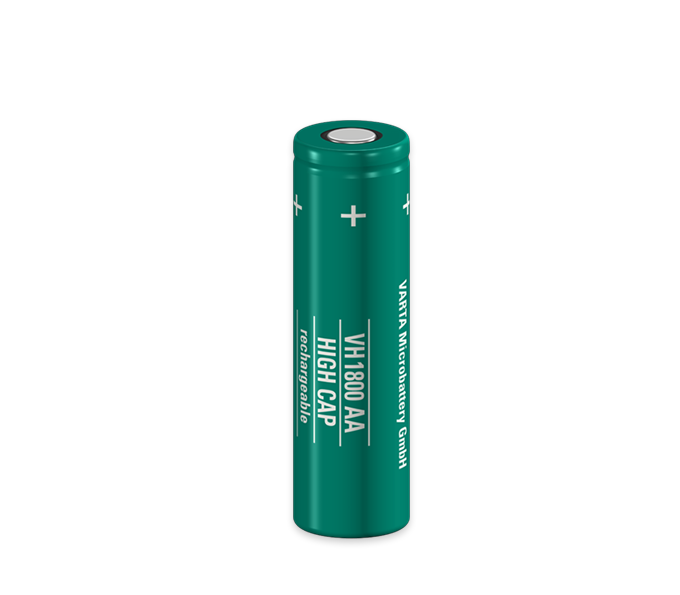 Green Varta VH1800 AA rechargeable high-capacity battery standing upright, shown at an angle on white background