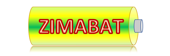 Yellow cylindrical battery with red ZIMABAT lettering on a green band around the middle