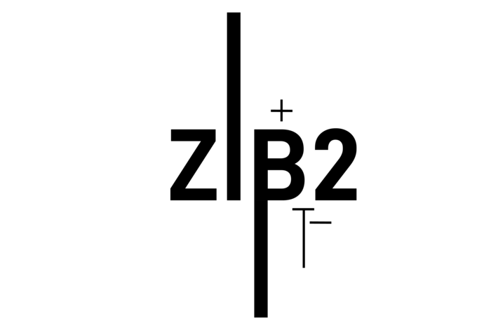 Black logo with letters ZB2 crossed by a vertical line, plus and minus signs indicating polarity