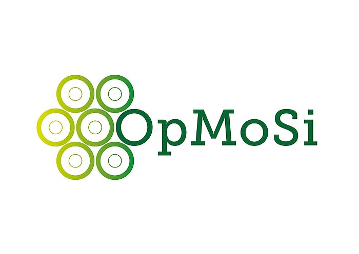 OpMoSi logo with seven green circular shapes arranged in a cluster beside the wordmark in dark green serif letters