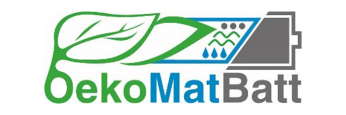 Logo of OekoMatBatt featuring a green leaf, a blue and grey battery icon with water droplets and waves