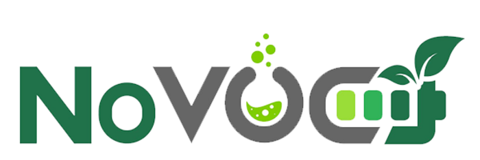 NoVOC logo in green with a flask, bubbles, battery icon and leaves