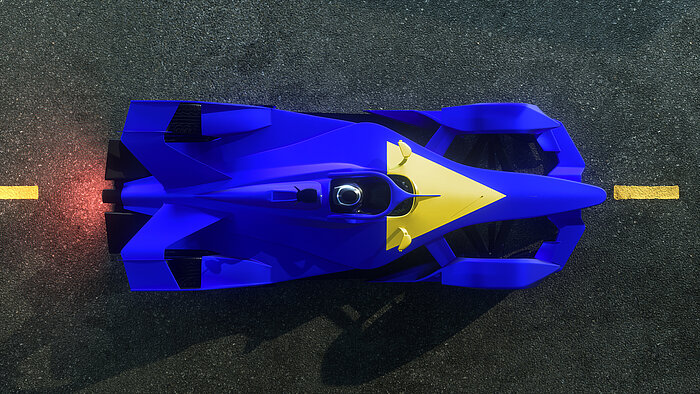 Top-down view of a blue and yellow futuristic race car on dark asphalt between yellow lane markings