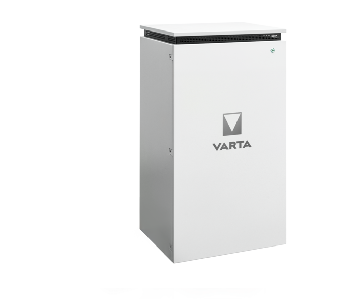 White rectangular VARTA battery storage unit with ventilation grille on top and logo on front panel