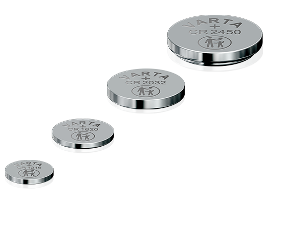 Four Varta lithium coin cell batteries in ascending sizes, including CR2450, CR2032, and CR1620, arranged diagonally