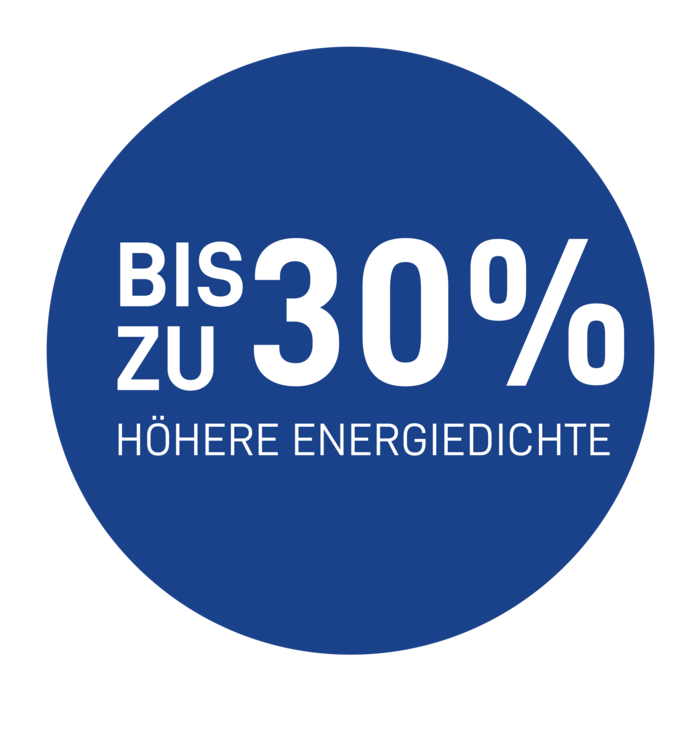 Blauer runder Button mit weißer Aufschrift Bis zu 30% höhere Energiedichte
