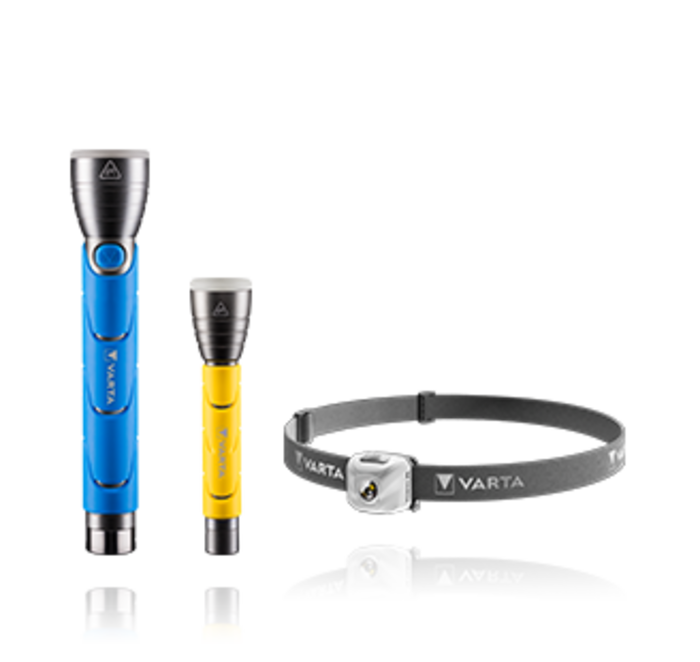Two Varta flashlights in blue and yellow next to a grey Varta headlamp with adjustable strap