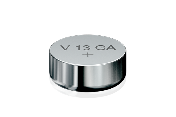 Silver button cell battery marked V 13 GA with positive terminal symbol on top, shown on white background