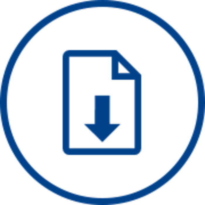 Blue document icon with downward arrow inside a circular border, symbolizing file download