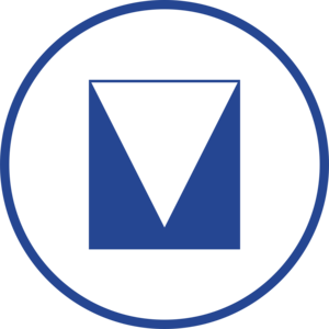 Blauw logo: vierkant met naar beneden wijzende driehoek vormt letter M, omsloten door een cirkel