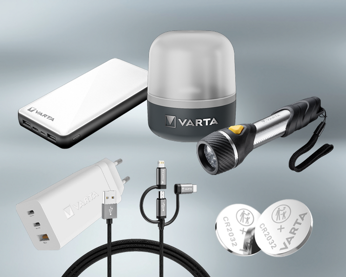 Prodotti Varta: power bank, lanterna, torcia, caricatore USB, cavo multi-connettore e batterie a bottone CR2032