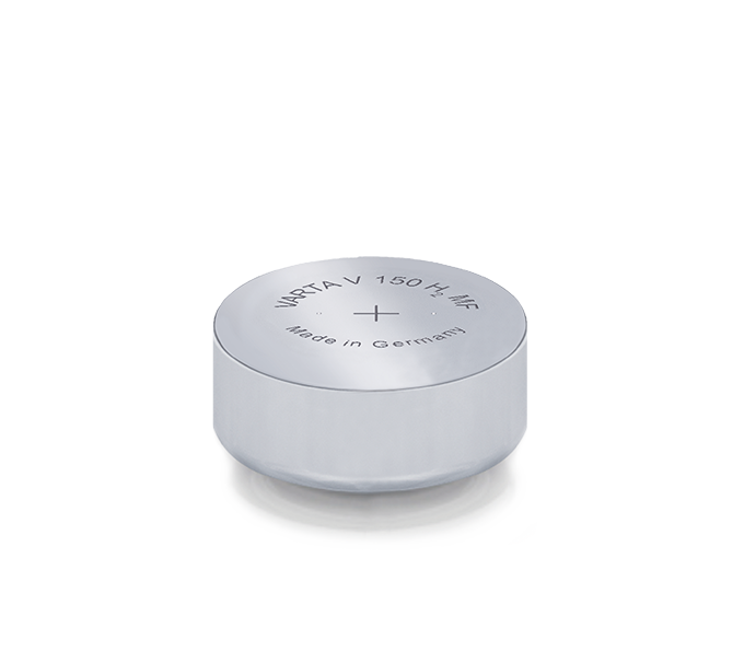 Silver Varta V 150 H MF button cell battery with plus sign and Made in Germany text on top, shown on white background