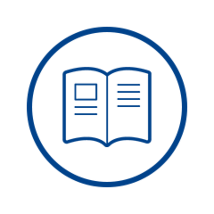 Blue line icon of an open book inside a circle