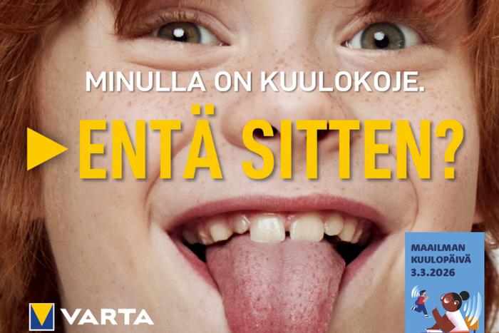 Punatukkainen lapsi näyttää kieltä, teksti "Minulla on kuulokoje. Entä sitten?", Varta-logo ja Maailman kuulopäivä 3.3.2026
