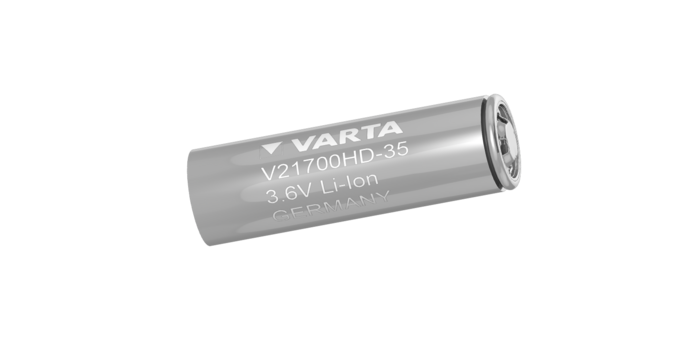 Silver-grey Varta V21700HD-35 cylindrical lithium-ion battery, 3.6V, made in Germany, shown at an angle