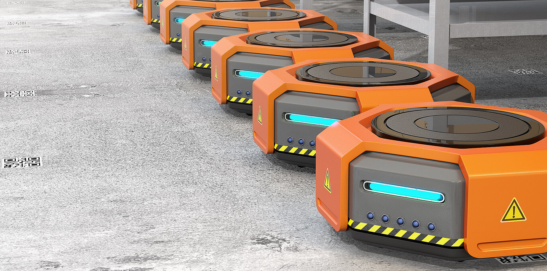 Row of orange hexagonal warehouse robots with glowing blue lights on concrete floor marked with QR codes