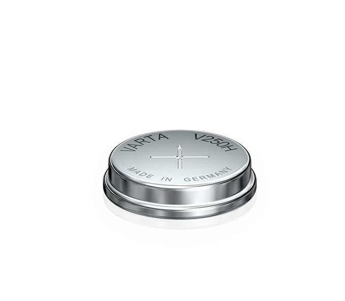 Silver Varta V250H button cell battery made in Germany, shown from a top angle on a reflective surface