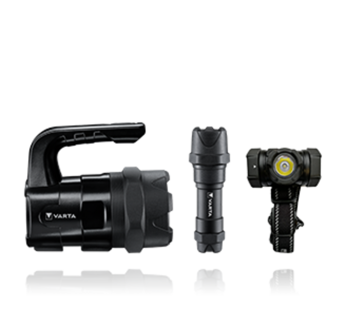 Three black Varta flashlights: a large handheld spotlight, a compact pocket torch, and an angled headlamp-style light