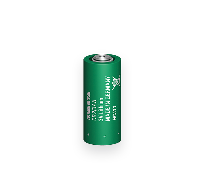 Green Varta CR2/3AA 3V lithium battery made in Germany, shown upright with positive terminal on top