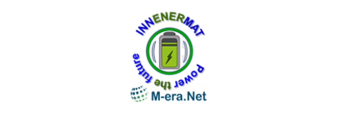 Logo INNENERMAT mit grüner Batterie und Slogan Power the future, darunter Schriftzug M-era.Net mit Weltkugel