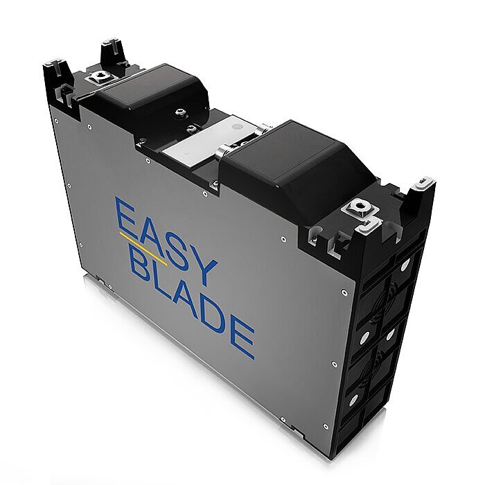 Industrial battery module with grey side panel labelled EASY BLADE in blue, black mounting brackets and terminals on top