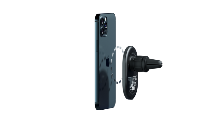 Dark blue smartphone next to a magnetic car air vent mount, shown with a dashed circle indicating magnetic alignment