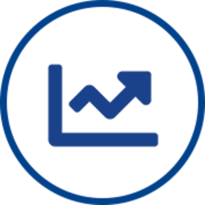 Blue line chart icon with upward trending arrow inside a circular border
