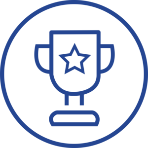 Blauw lijnpictogram van een trofee met ster in een cirkel
