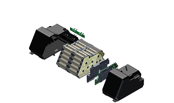 Exploded 3D view of a battery module with cylindrical cells, black end caps, and green circuit boards on a white background