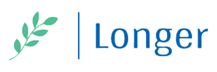 Logo of Longer with a green leafy branch beside the blue wordmark