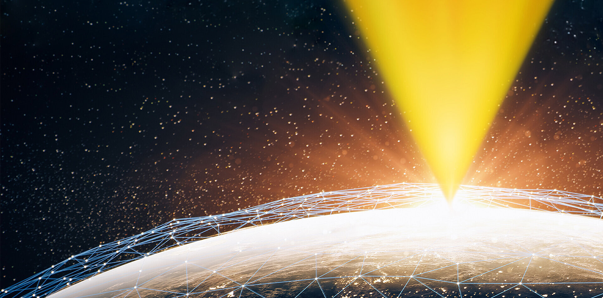 Glowing yellow beam striking Earth covered by a blue digital network grid against a starry space background