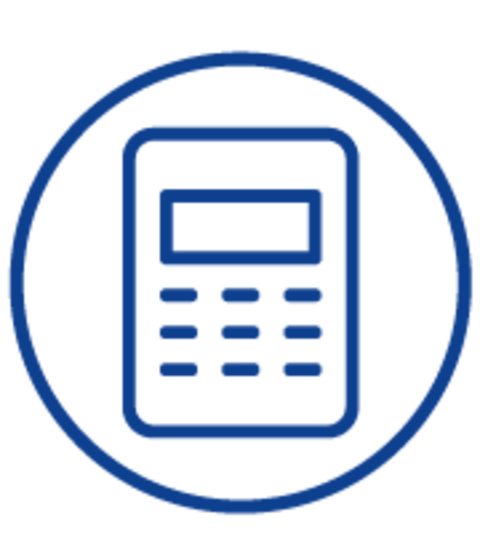 Blue line icon of a calculator inside a circle