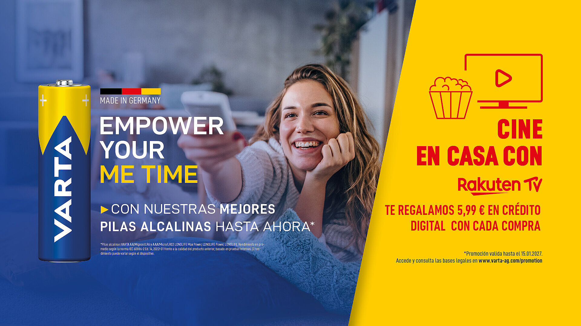 Anuncio de pilas alcalinas Varta Made in Germany con mujer sonriente y promoción de 5,99 € en Rakuten TV