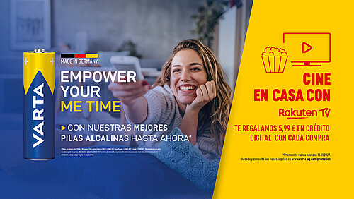 Anuncio de pilas alcalinas Varta Made in Germany con mujer sonriente y promoción de 5,99 € en Rakuten TV
