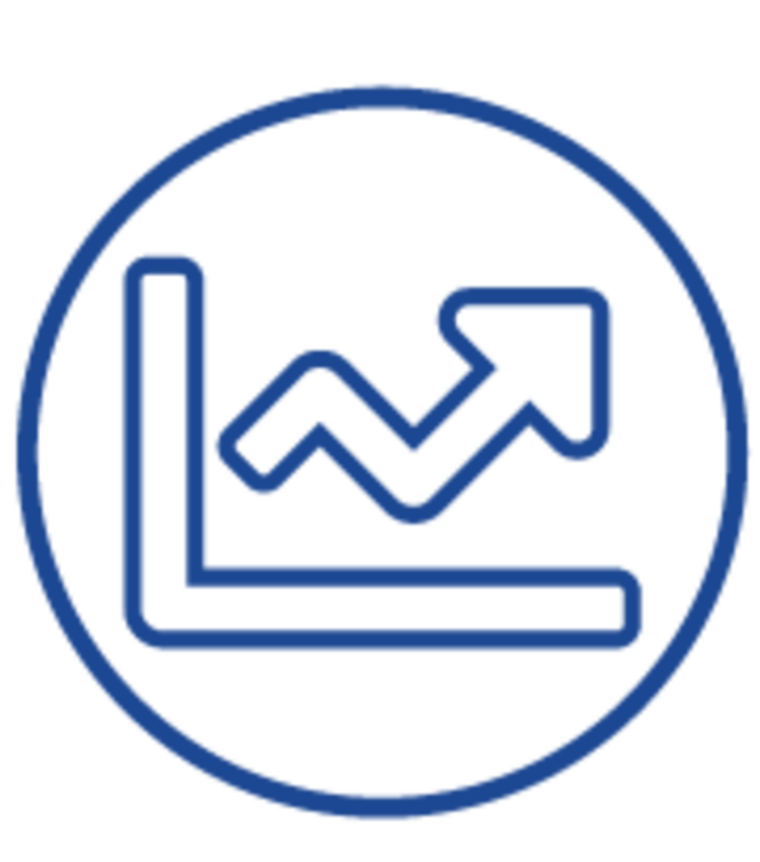 Blue circular icon showing a line chart with an upward trending arrow, symbolizing growth or analytics