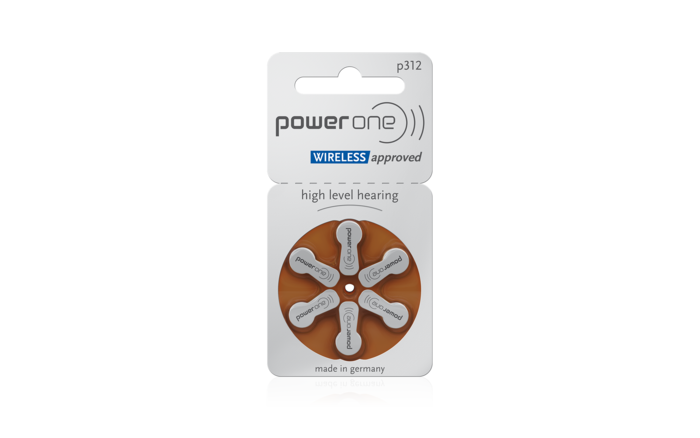 Power One p312 wireless approved hearing aid batteries, pack of six brown tabs, made in Germany