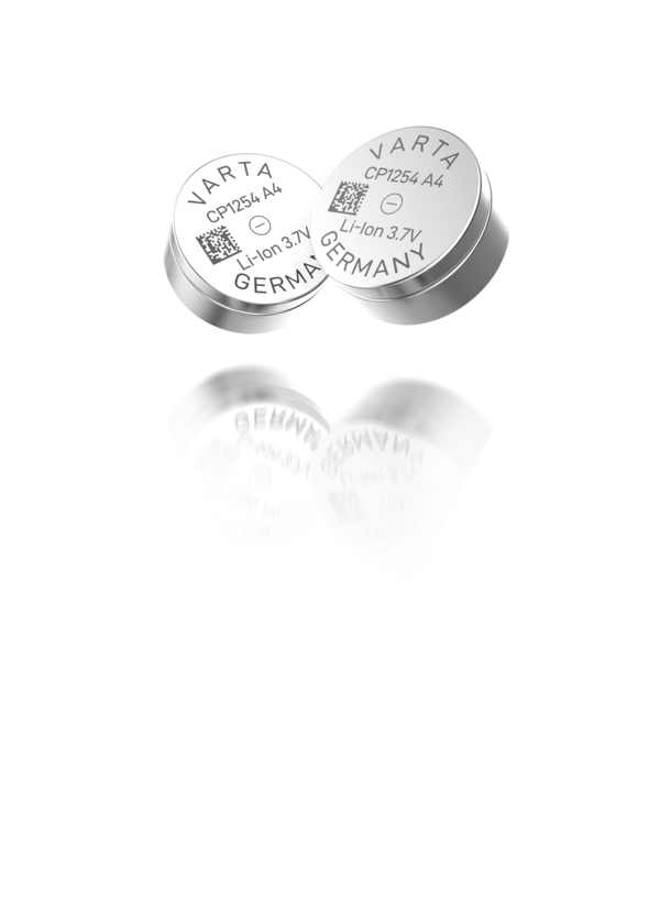 Two silver Varta CP1254 A4 lithium-ion 3.7V coin cell batteries made in Germany, shown with reflection below