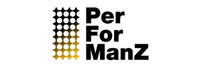 PerForManZ logo with stacked text beside a black rectangle of dots fading from white to gold
