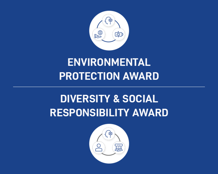 Blue graphic with icons showing Environmental Protection Award and Diversity & Social Responsibility Award