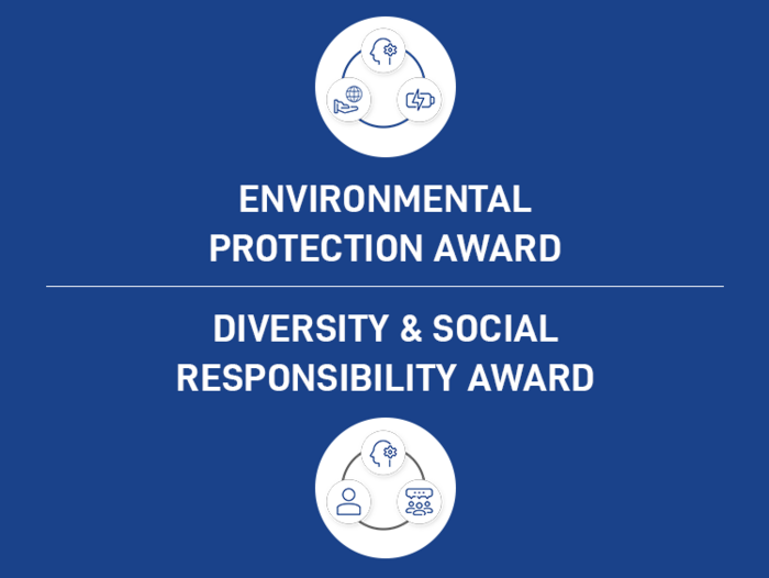 Blue graphic with icons showing Environmental Protection Award and Diversity & Social Responsibility Award