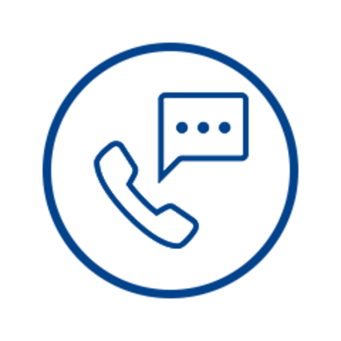 Blue circular icon with telephone handset and speech bubble containing three dots