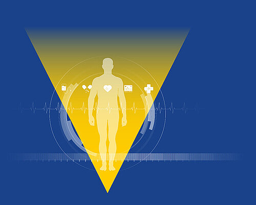 Silhouette of a human figure in a yellow triangle with medical icons, heartbeat line, on blue background