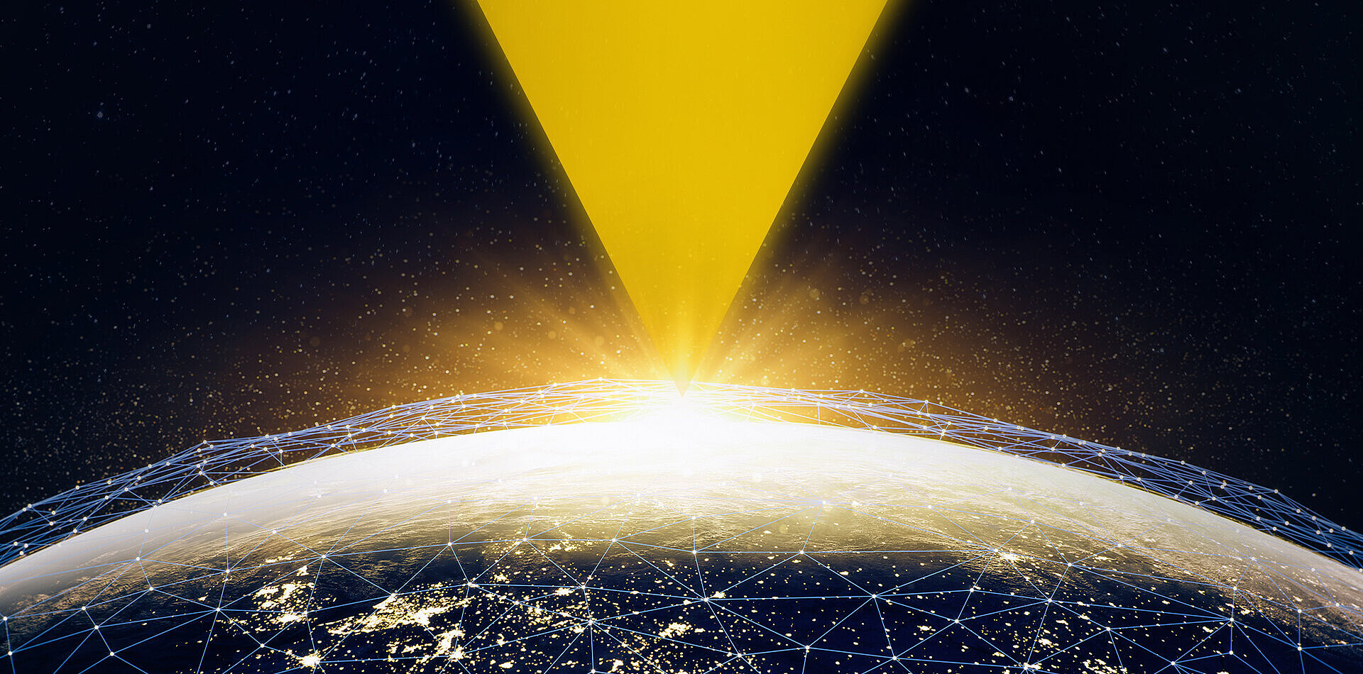 Terre vue de l'espace avec réseau lumineux bleu et faisceau jaune rayonnant depuis l'horizon dans un ciel étoilé