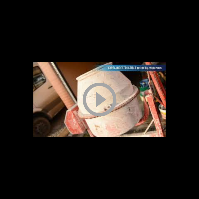 Miniatura video con betoniera sporca di cemento e pulsante play; testo "VARTA INDESTRUCTIBLE tested by consumers