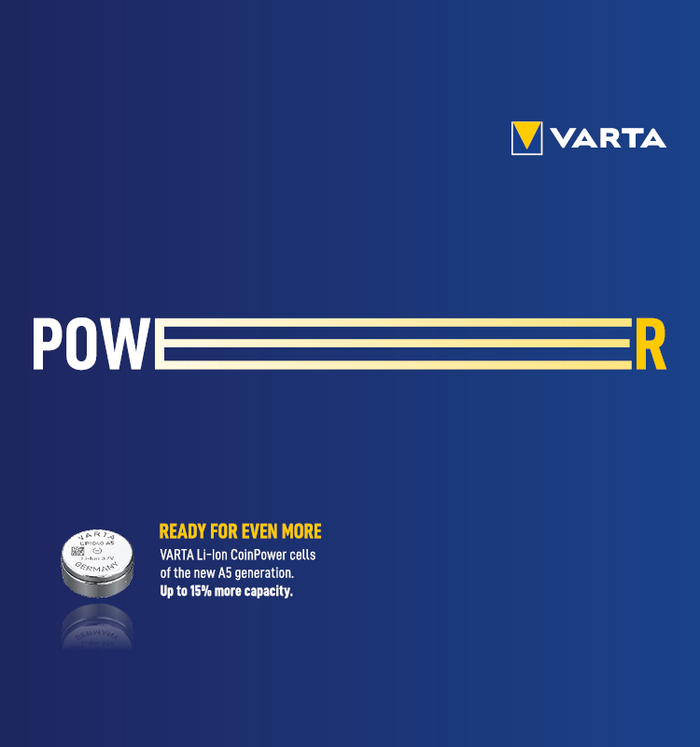 VARTA ad with stretched POWER text, coin cell battery, and slogan Ready for even more about A5 Li-Ion CoinPower cells