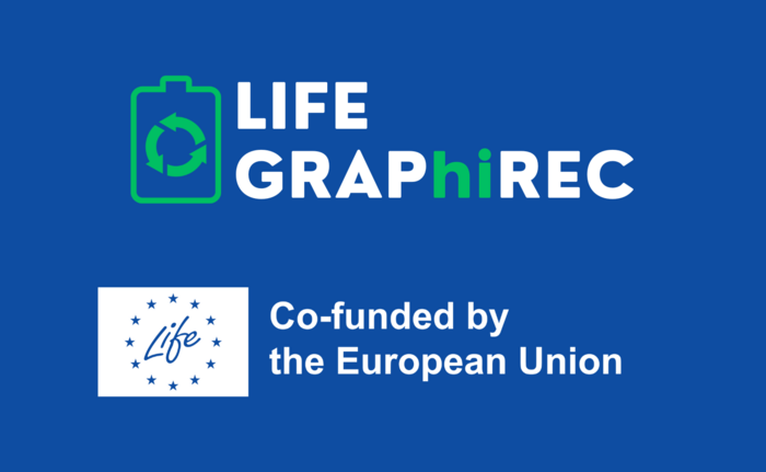 Logo LIFE GRAPHiREC mit grünem Batteriesymbol und Recyclingpfeilen, daneben EU-Life-Emblem und Hinweis auf EU-Kofinanzierung