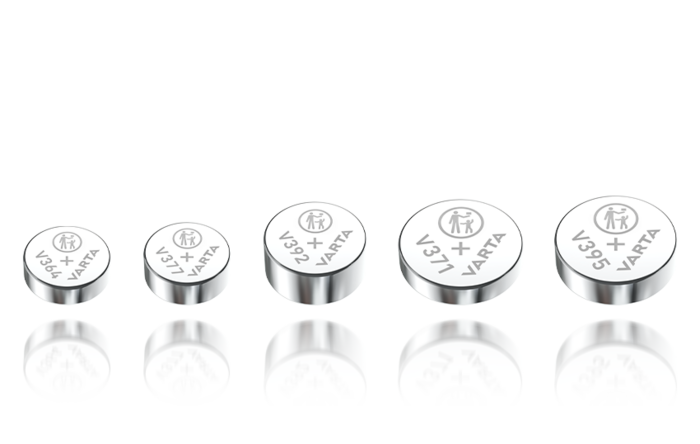 Five silver Varta button cell batteries in varying sizes, labeled V364, V377, V392, V371, V395, marked Hg 0%