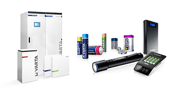 Varta-produkter: energilagringsskap, batterier i ulike størrelser, lommelykt, powerbank og batterilader